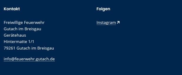 Fußbereich feuerwehr.gutach.de Fußbereich feuerwehr.gutach.de mit Kontaktdaten und Social-Media-Verlinkungen