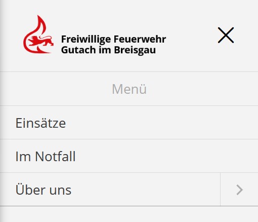 Menü mobil Mobiles Menü feuerwehr.gutach.de mit Logo und Hauptnavigationspunkten